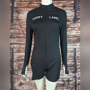 Lucky Label Romper M Jumpsuit Shorts Women Black Long Sleeve Zipper  Logo